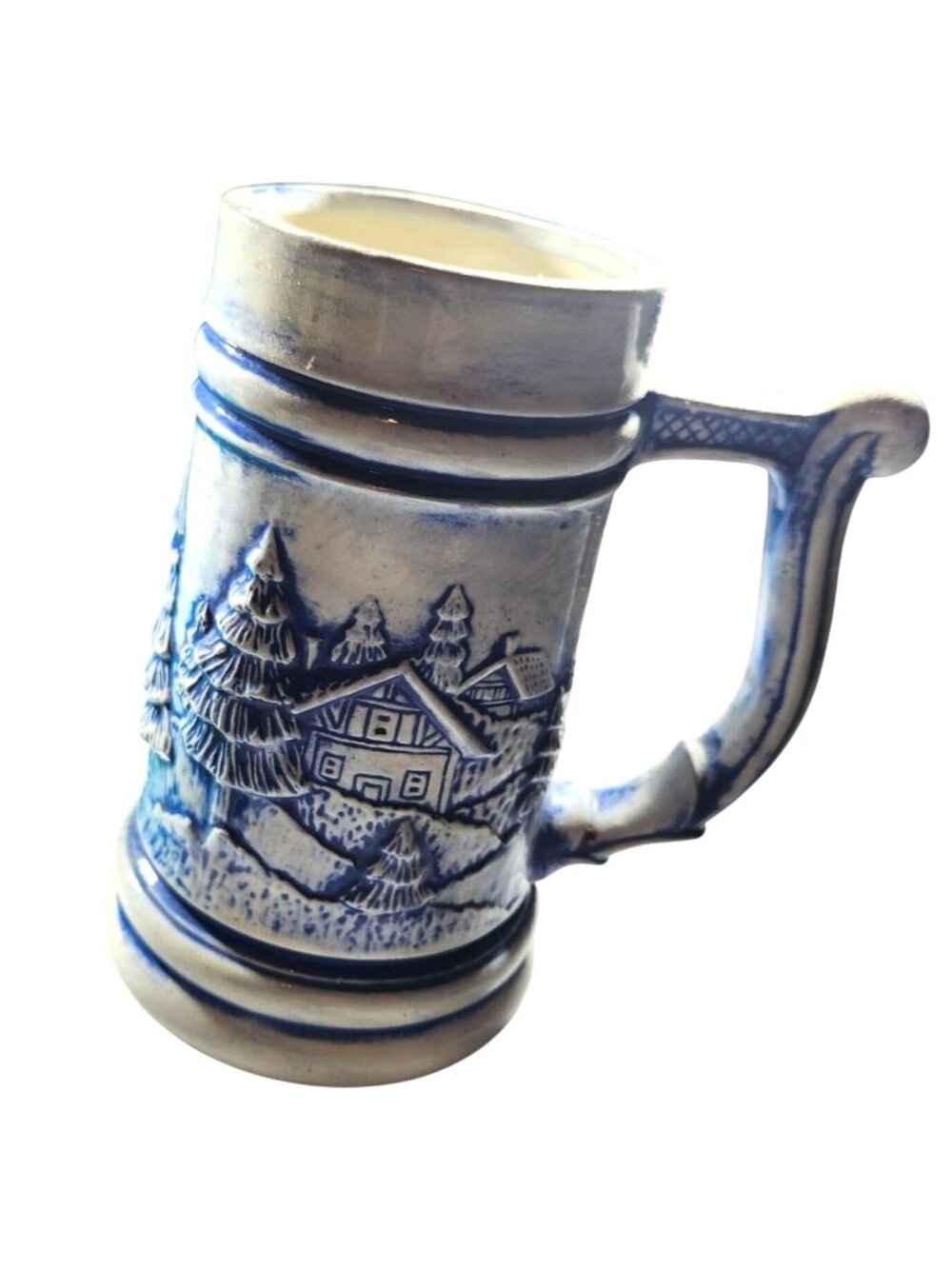 Vtg Mug Blue White Ceramic Stein Village Hays christmas winter cottagecore